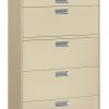 HON Brigade 600 Series Lateral File | 5 Drawers | Polished Aluminum Pull | 36"W x 18"D x 67"H | Putty Finish