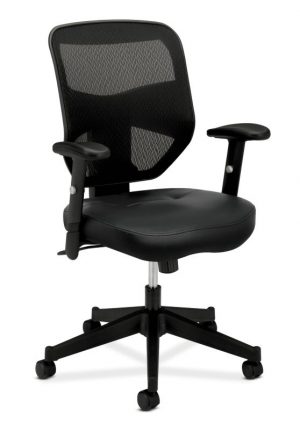 HON Prominent Mesh High-Back Task Chair | Center-Tilt, Tension, Lock | Adjustable Arms | Black SofThread Leather Seat