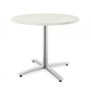 HON Between Round Table | Seated Height X-Base | 36″D | Silver Mesh Laminate | Loft Edgeband | Textured Silver Finish