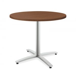 HON Between Round Table | Seated Height X-Base | 36″D | Shaker Cherry Laminate | Shaker Cherry Edgeband | Textured Silver Finish