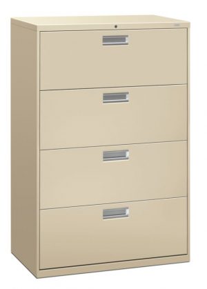 HON Brigade 600 Series Lateral File | 4 Drawers | Polished Aluminum Pull | 36″W x 18″D x 53-1/4″H | Putty Finish